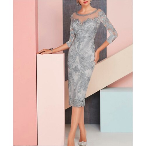 

Sheath / Column Mother of the Bride Dress Elegant Illusion Neck Tea Length Lace 3/4 Length Sleeve with Appliques 2022