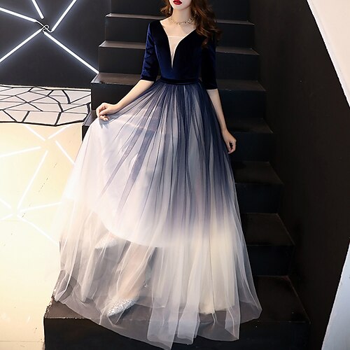 

A-Line Minimalist Ombre Wedding Guest Formal Evening Dress Illusion Neck Half Sleeve Floor Length Tulle with Sash / Ribbon 2022