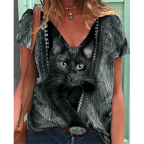 

Women's T shirt Tee Black Graphic Cat Short Sleeve Home Casual Basic V Neck Regular 3D Cat S / 3D Print