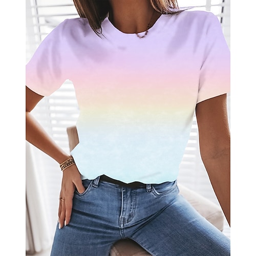 

Women's T shirt Tee Gradient purple Gradient pink Gradient orange Tie Dye Color Gradient Printing Short Sleeve Daily Basic Casual Round Neck Regular S / 3D Print