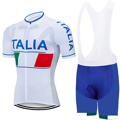 

21Grams Men's Cycling Jersey with Bib Shorts Short Sleeve Mountain Bike MTB Road Bike Cycling White Italy National Flag Bike Clothing Suit UV Resistant 3D Pad Breathable Quick Dry Back Pocket