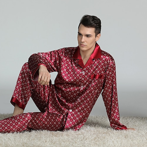 

Men's Sleepwear Pajama Top and Pant Silk Pajama 2 Pieces Geometic Luxury Home Bed Beach Faux Silk Comfort Long Sleeve Pant Spring Summer Red party pajama set Red circle pajama set