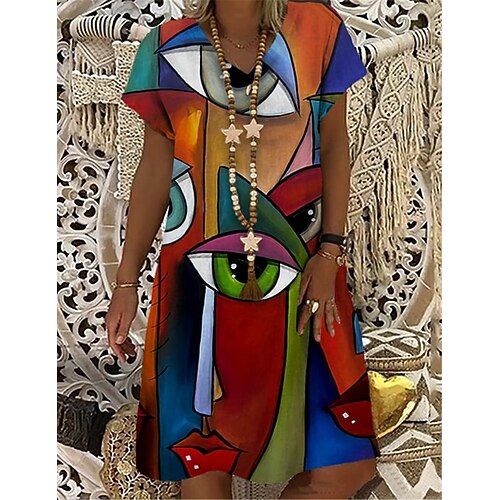 

Women's Shift Dress Midi Dress Red Short Sleeve Color Block Print Spring Summer V Neck S M L XL XXL 3XL
