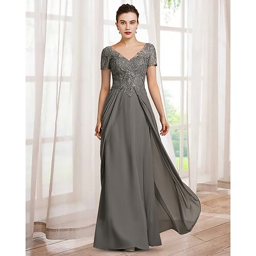 

Linjeform Kjole til brudens mor Elegant V-hals Gulvlengde Chiffon Blonder Kortermet med Appliqué 2023