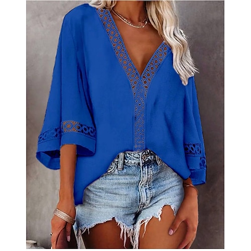

Women's Blouse Shirt Eyelet top Green Blue Pink Plain Cut Out 3/4 Length Sleeve Holiday Weekend Basic Streetwear V Neck Regular Loose Fit S