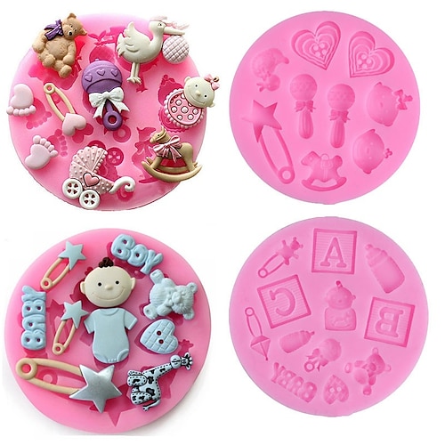 

4 Pieces Set Baking Mold 3D Silicone Baby Shower Party Fondant Mold for Cake Decorating Silicone Mold Fondant Cake Sugar Craft Moulds Tools