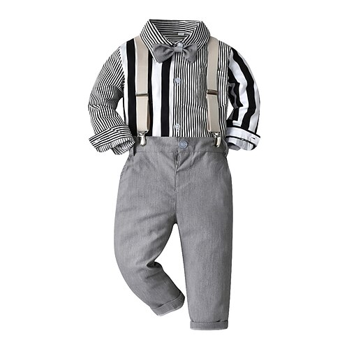 

4 Pieces Toddler Boys Shirt & Pants Clothing Set Outfit Color Block Long Sleeve Patchwork Cotton Set School Gentle Winter Fall 1-5 Years Gray