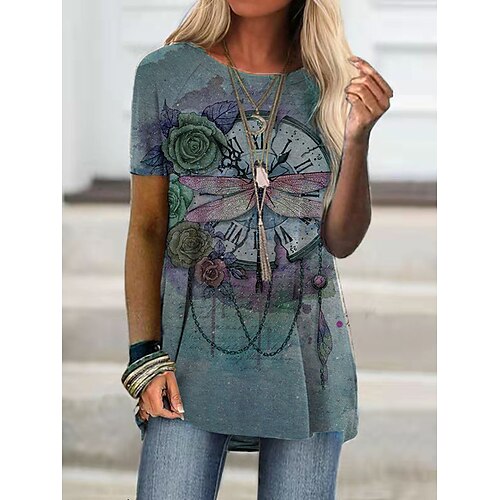 

Women's T shirt Tee Tunic Green Blue Khaki Graphic Floral Print Short Sleeve Daily Weekend Basic Round Neck Long S