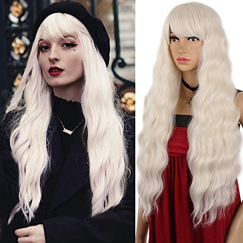 

Leeven Long Platinum Blonde Wig with Fringe 26 inch Synthetic Curly Wigs for Woman Girls Heat Resistant Hair Natural Blonde White Wig with Bangs for Daily Cosplay Party