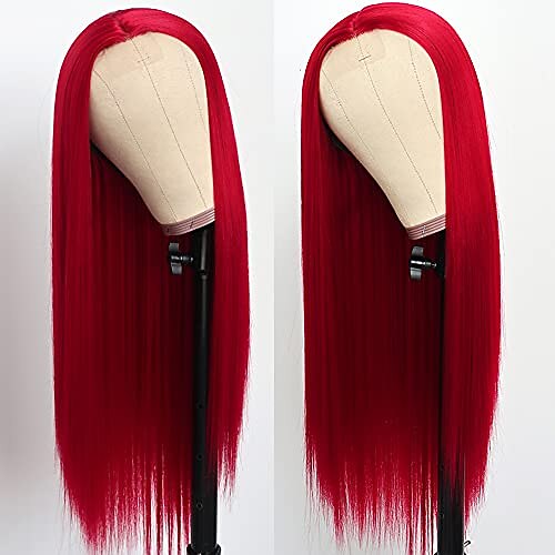 

Lezaxiu Long Red Straight Wigs for Women 24"" Middle Part Heat Resistant Red Wigs Glueless Natural Looking Long Silky Straight Hair Wig Synthetic Fiber Wigs