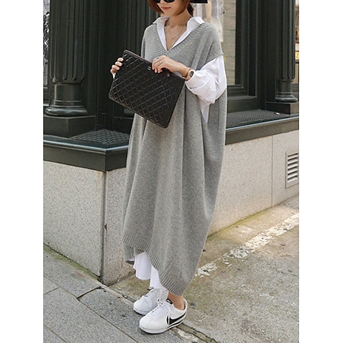 

Women's Sweatshirt Dress Winter Dress Long Dress Maxi Dress Gray Long Sleeve Pure Color Winter Fall Fall Dress Loose Fit One-Size
