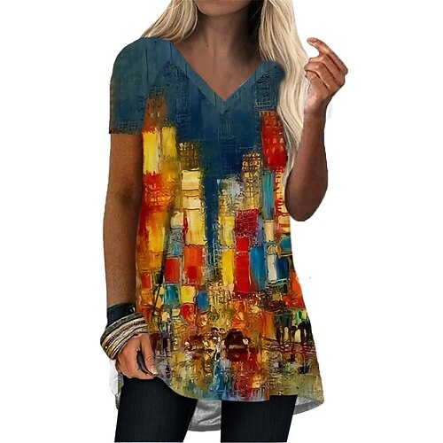 

Women's T Shirt Dress Tee Dress Short Mini Dress Blue Yellow Short Sleeve Print Abstract Print Summer V Neck Casual 2022 S M L XL XXL 3XL