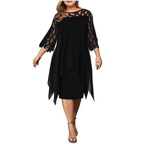 

Women's Plus Size Sheath Dress Solid Color Round Neck Mesh 3/4 Length Sleeve Spring Summer Work Vintage Knee Length Dress Date Work Dress