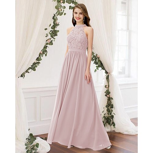 

A-Line Bridesmaid Dress Jewel Neck Sleeveless Elegant Floor Length Chiffon / Lace with Pleats 2022