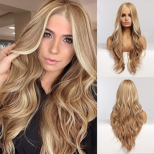 

Xczemu Long Wavy Blonde Synthetic Wigs with Highlights Middle Part for Women Cosplay Natural Wave Silk Fully Heat Resistant Synthetic Wig for Daily Party Use 26 inch