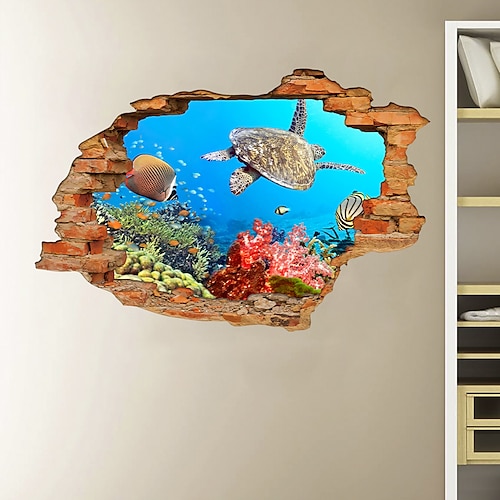 

3D Broken Wall Undersea World Turtle Home Children's Room Background Decoration Can Be Removed Stickers