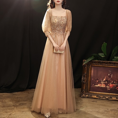 

A-Line Glittering Elegant Prom Formal Evening Dress Scoop Neck 3/4 Length Sleeve Floor Length Tulle with Sequin Appliques 2022 / Illusion Sleeve