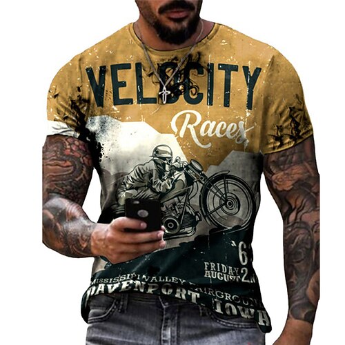 

Men's T shirt Tee Shirt Tee Graphic Motorcycle Crew Neck Yellow 3D Print Plus Size Casual Daily Short Sleeve Clothing Apparel Basic Designer Slim Fit Big and Tall / Summer / Regular Fit / Summer