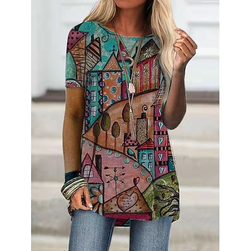 

Women's T shirt Tee Tunic Yellow Red Graphic Scenery Print Short Sleeve Holiday Weekend Basic Round Neck Long S