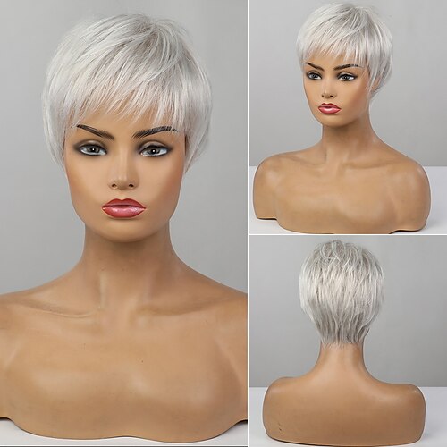 

Human Hair Blend Wig Short Straight Natural Straight Pixie Cut Side Part Layered Haircut Asymmetrical White Brown Simple Natural Hairline African American Wig Capless Burmese Hair Chinese Hair