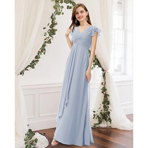 

A-Line Bridesmaid Dress V Neck Sleeveless Elegant Floor Length Chiffon with Pleats / Ruffles / Ruching 2022