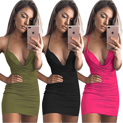 

Women's Holiday Dress Mini Dress Black Army Green Fuchsia Sleeveless Pure Color Spring Summer Halter Neck 1920s Party Boom Sale Dress S M L XL