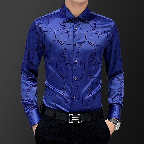 

Men's Dress Shirt Graphic Graphic Prints Standing Collar Blue Red Work Daily Long Sleeve Button-Down Clothing Apparel Streetwear Simple Casual