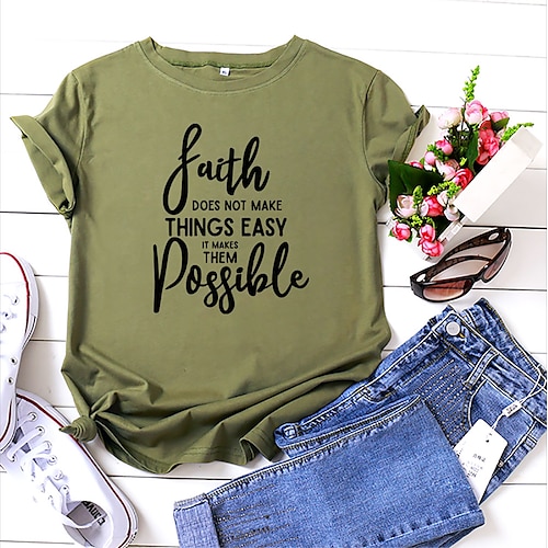 

women's faith letter print t-shirts short sleeve graphic tees tops black large