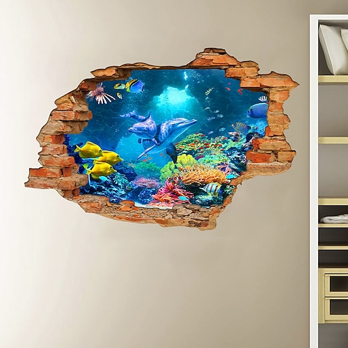

3d сломанная стена подводный мир дельфин дома детская комната украшение фона съемные наклейки декор стен наклейки для спальни гостиной