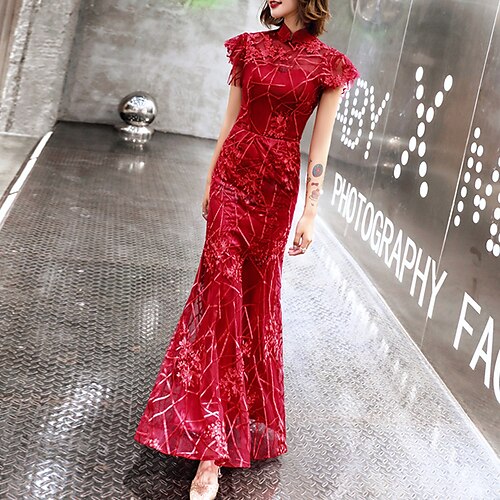 

Mermaid / Trumpet Evening Dresses Chinese Style Dress Engagement Floor Length Short Sleeve Stand Collar Tulle with Embroidery Pattern / Print 2022 / Formal Evening