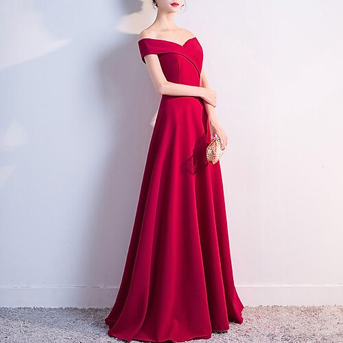 

A-Line Minimalist Elegant Prom Formal Evening Dress Off Shoulder Short Sleeve Floor Length Stretch Fabric with Sleek 2022