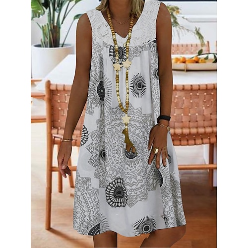 Damen Etuikleid Knielanges Kleid Grün Weiß Grau Ärmellos Bedruckt Geometrisch Bedruckt Frühling Sommer V-Ausschnitt Alltag 2022 S M L XL XXL 3XL 4XL 5XL / Lose