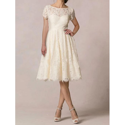 

A-Line Wedding Dresses Jewel Neck Knee Length Lace Short Sleeve Casual Little White Dress Plus Size with Embroidery 2022