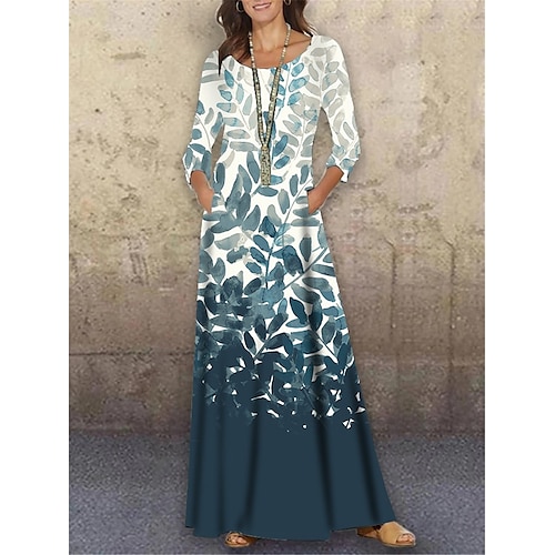 

Women's Shift Dress Long Dress Maxi Dress Light Blue 3/4 Length Sleeve Floral Print Winter Fall Autumn Crew Neck S M L XL XXL 3XL