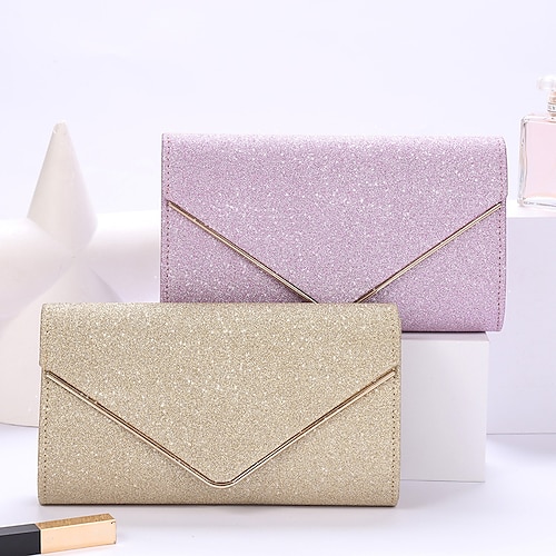 

Women's 2022 Chain Bag Evening Bag Polyester Glitter Chain Solid Color Party Wedding Pink Gold