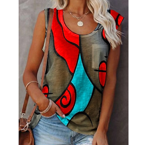 

Women's Tank Top Vest Blue Gray Orange Geometric Print Sleeveless Daily Beach Streetwear Round Neck Regular Loose Fit S