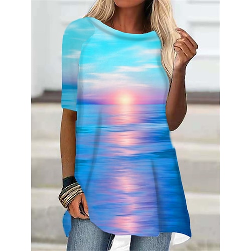 

Women's T Shirt Dress Tee Dress Mini Dress Blue Purple Half Sleeve Color Gradient Print Fall Spring Crew Neck Boom Sale Dress S M L XL XXL 3XL