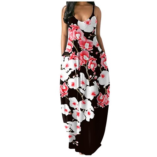 

Women's Strap Dress Maxi long Dress Blue White Black Pink Fuchsia Gray Red Yellow Sleeveless Floral Print Spring Summer Casual 2022 S M L XL XXL