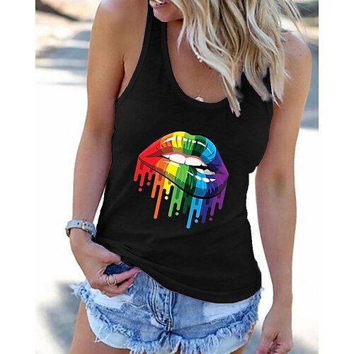 

Women's Tank Top Gray White Black Rainbow Mouth Racerback Print Sleeveless Daily Basic Round Neck S / Summer