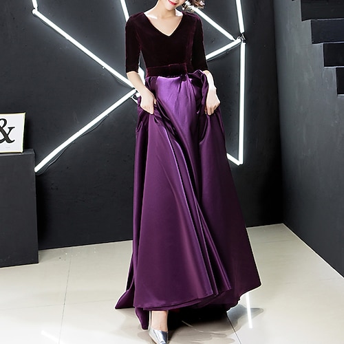 

A-Line Evening Dresses Elegant Dress Wedding Guest Floor Length Half Sleeve V Neck Satin with Bow(s) 2022 / Formal Evening