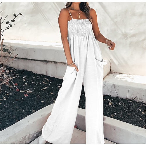 

Women's Jumpsuit Pocket Solid Color Casual Vacation Beach Wide Leg Regular Fit Spaghetti Strap Red Gray White S M L Spring