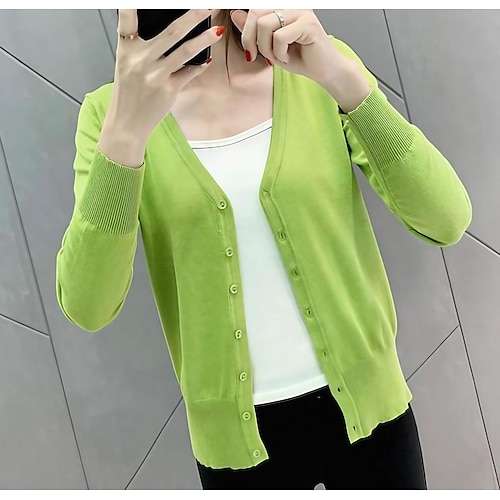 

Dame Cardigan Genser Jumper Strikke Tynd Helfarge V-hals Fritid Daglig Høst Vår Lysegul Lys Lilla L XL 2XL / Langermet / Normal