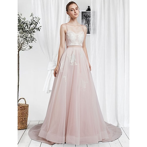 

A-Line Wedding Dresses Sweetheart Neckline Spaghetti Strap Court Train Lace Tulle Sleeveless Country Romantic with Lace Appliques 2022