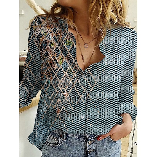 

Women's Blouse Shirt Blue Brown Graphic Geometric Button Print Long Sleeve Daily Weekend Streetwear Casual Shirt Collar Regular Geometric S