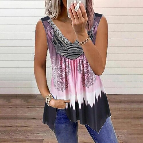 

Women's Tank Top Vest Pink Purple Green Graphic Color Block Flowing tunic Print Sleeveless Daily Beach Basic Streetwear V Neck Regular S