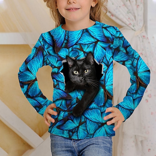 

Kids Cat Flower 3D Print T shirt Tee Long Sleeve Blue Black Animal Print School Daily Wear Active 4-12 Years / Fall