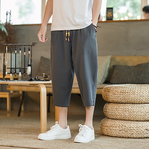 

Men's Chinos Trousers Beach Pants Drawstring Solid Colored Outdoor Calf-Length Home Daily Chinoiserie Folk Style Loose Fit Black Khaki Micro-elastic / Summer