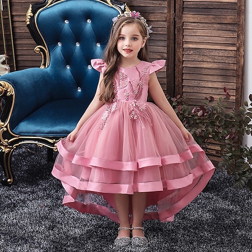 

Kids Little Girls' Dress Solid Colored Layered Dress Wedding Party Beaded Embroidered Layered Blushing Pink Wine Khaki Asymmetrical Short Sleeve Active Sweet Dresses New Year Slim 3-12 Years