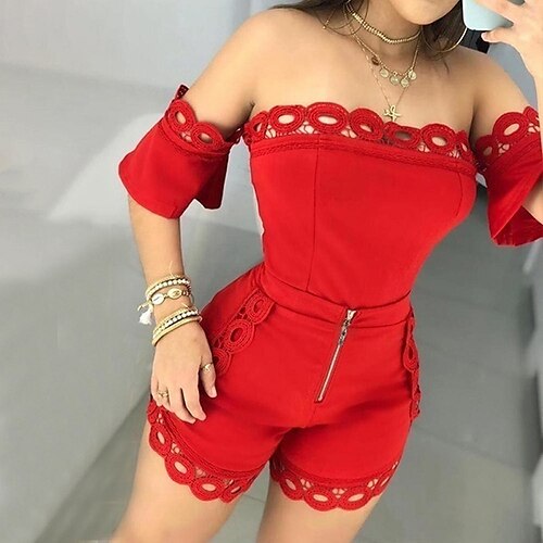 

Women's Romper Solid Color Casual Regular Fit Short Sleeve Wine Red Pink White S M L Spring