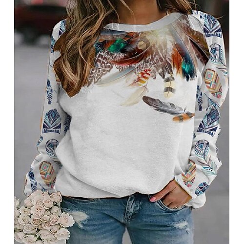 

Women's Sweatshirt Pullover Active Print White Feather Daily Round Neck Long Sleeve S M L XL XXL / 3D Print